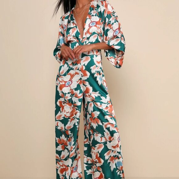 Lulu's From Sunrise Teal Floral Print Wide-Leg Jumpsuit - Picture 3 of 9